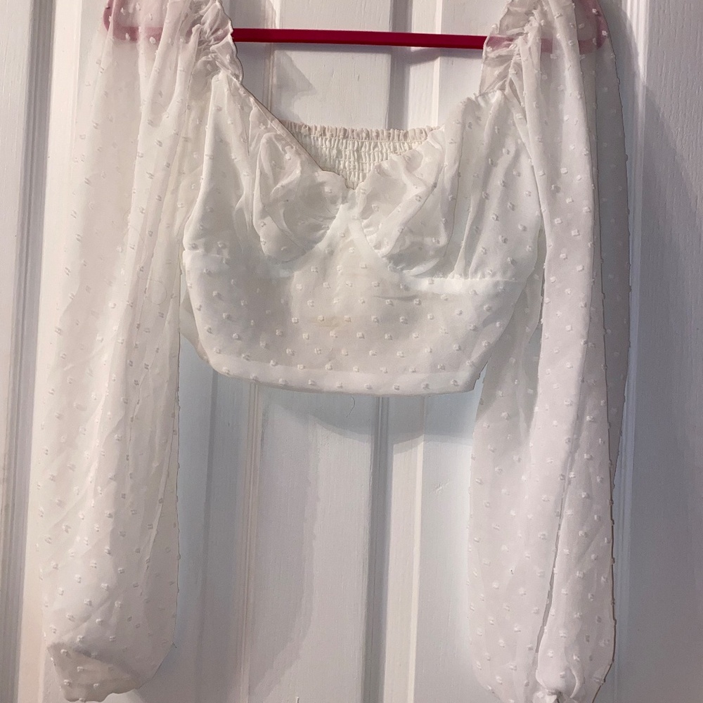 Flowy Sleeve White Polka Dot Sweetheart Neckline Embroidery Top Crop Girly Small - Picture 2 of 4